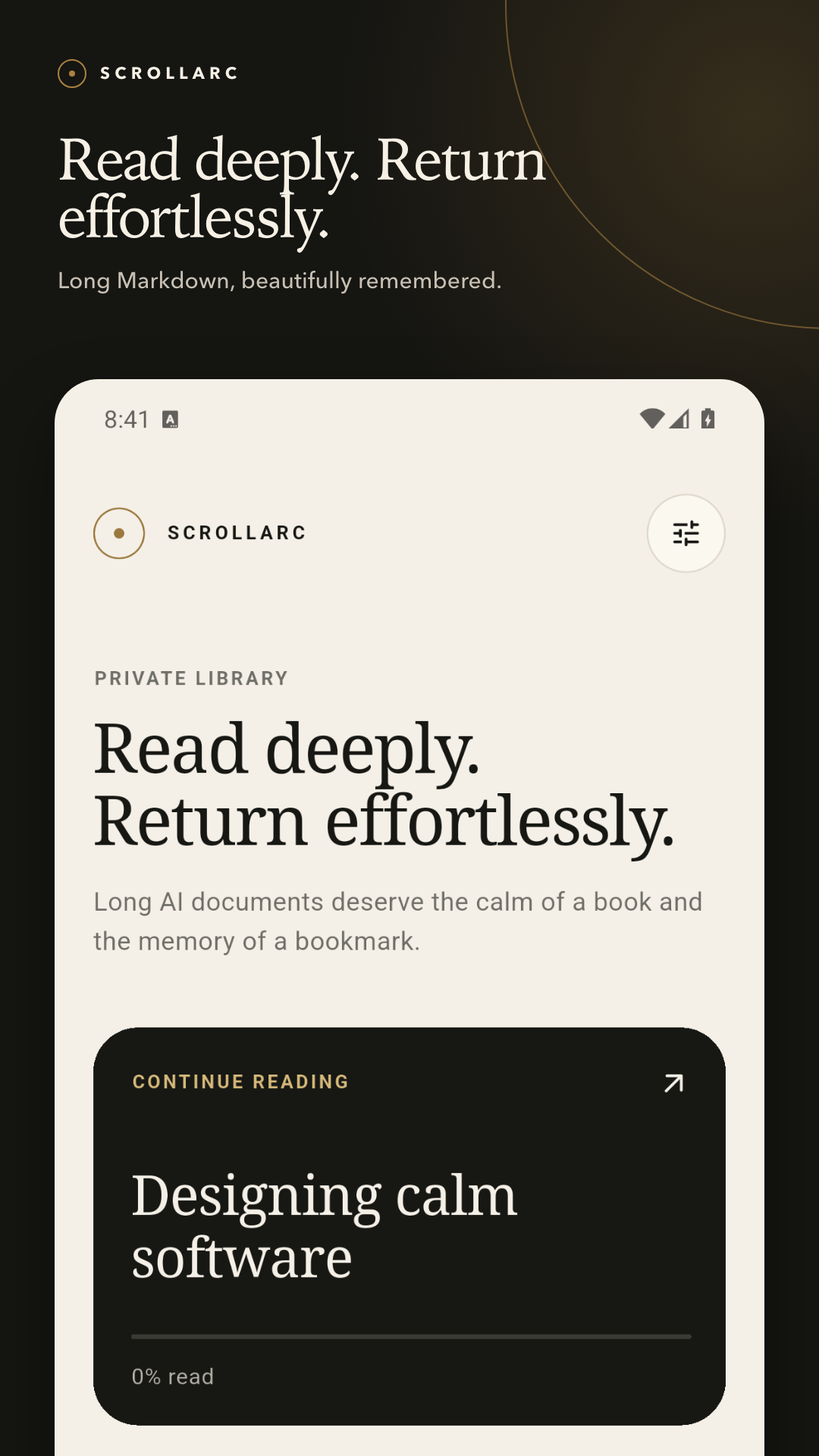 ScrollArc home showing a document and its saved reading position